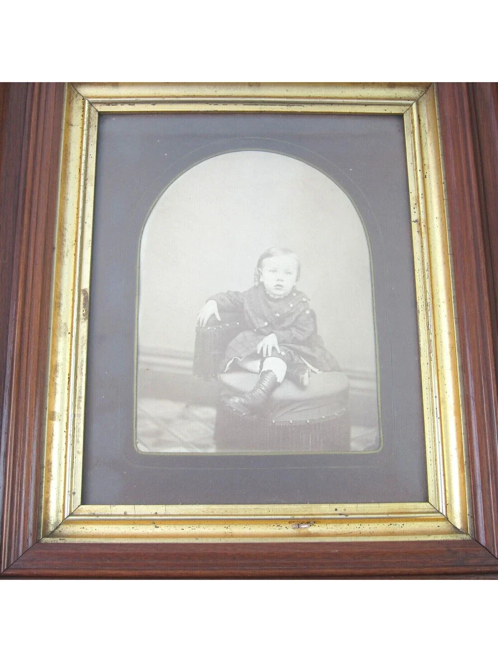 Antique Victorian Deep Picture Frame Carved Wood Gold Gilt Child Photo Glass 16